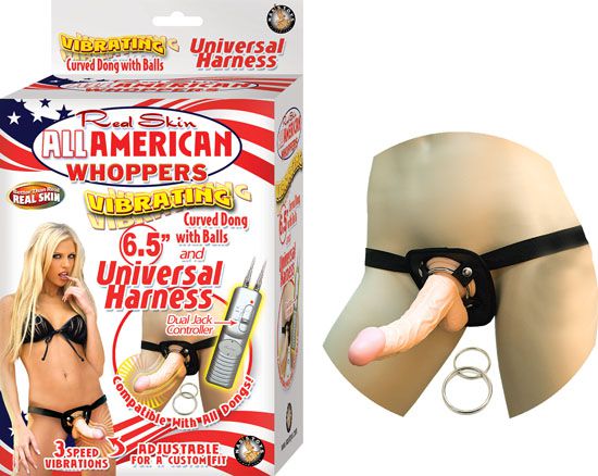 All American 6 1/2in Dong Vib w/ Universal Harness Flesh
