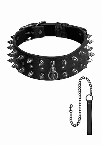Ouch! Skulls & Bones Neck Chain w/ Spikes & Leash Black